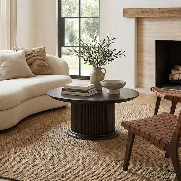Haven 38 in. Coal Round Solid Wood Coffee Table with Fluted Edge