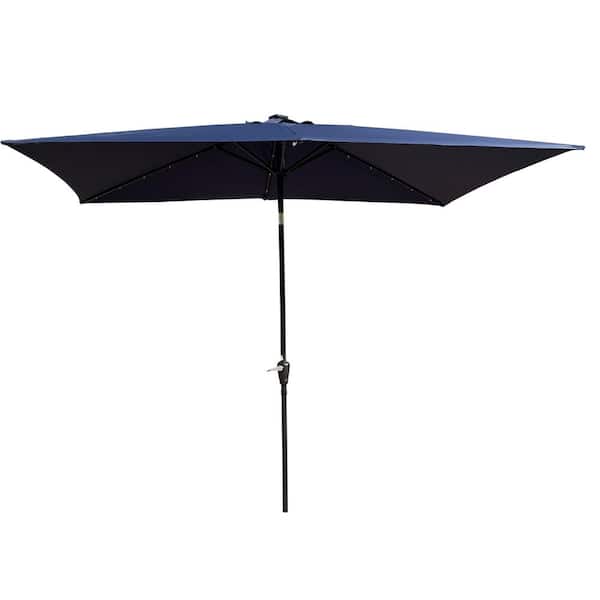Zeus & Ruta 6.5 ft. x 10 ft. Rectangular Market Patio Umbrella Solar Lighted in Navy Blue with Crank, Push Button Tilt for Porch