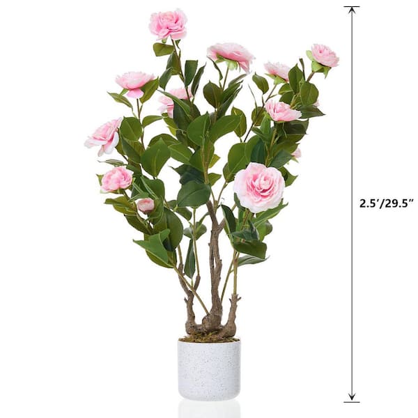 Gravee 2.5FT Artificial Camellia Tree , Faux Camellia Flowers with White Planter & 20 Pink Flowers PHK_36DM5UT8-WLS