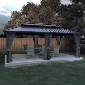 20 ft. x 12 ft. Aluminum Double Hardtop Gazebo with Grey Curtains and Netting