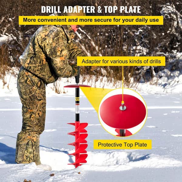 VEVOR Ice Drill Auger, 8 Diameter 41 Length Nylon Ice Auger, Auger Drill  w/ 14 Adjustable Extension Rod, Rubber Handle, Drill Adapter, Replaceable