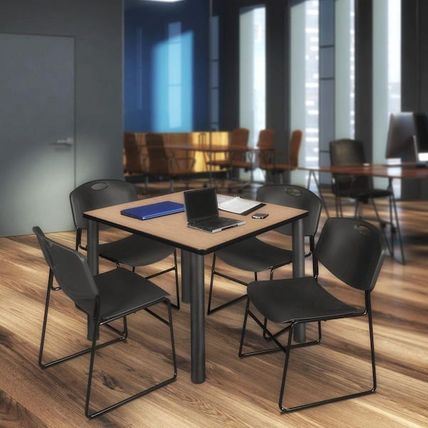 Kee 42 in. Noble Oak Square Breakroom Table Desk and 4 Zeng Stack Chairs-Black