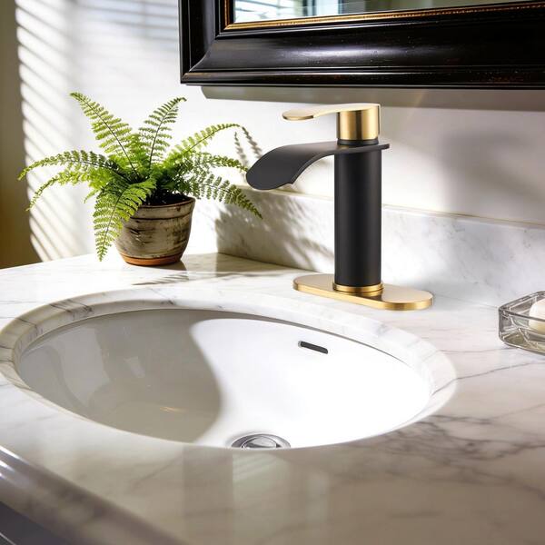 Single Handle Single Hole Bathroom Faucet with Pop-Up Drain Included in Gold and Black