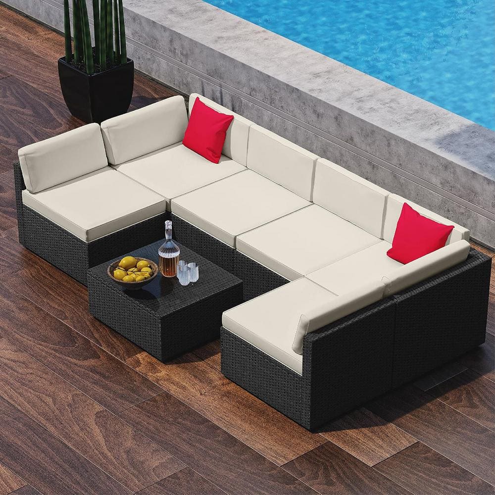 7-Piece Black Wicker Outdoor Sectional Patio Furniture Corner Sofa Set and Coffee Table with Off white Cushions -  HEARTH & HARBOR, NB-PFW-7-B/OW