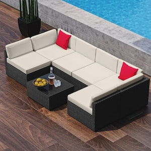 7-Piece Black Wicker Outdoor Sectional Patio Furniture Corner Sofa Set and Coffee Table with Off white Cushions