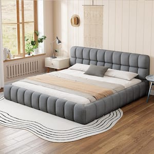 Gauge Gray Wood Frame King Size Upholstered Platform Bed with Thick Fabric