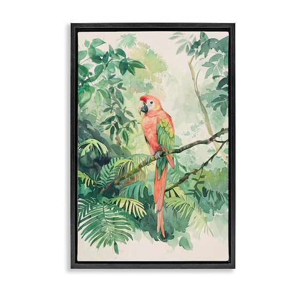 Stupell Industries Pink Parrot in Jungle by LSR Design Studio Black Floater Frame Animal Graphic Art Print 31 in. x 21 in.
