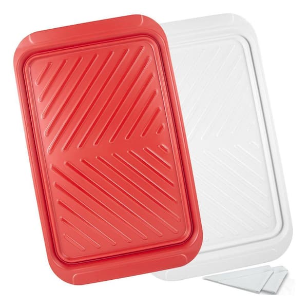 Red and White Melamine BBQ Serving Tray Set with Ridges for Meat Prep and Finished Food, Set of 2