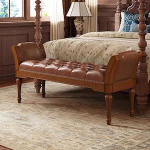 Orvello French Reddish Brown 54 in. PU Faux Leather Button Tufted Upholstered Ottoman Bedroom Bench Entryway Shoe Bench