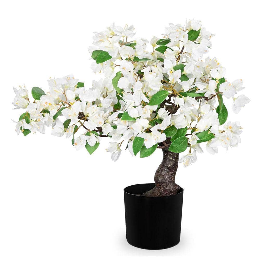 20.8 in. Artificial Bougainvillea Bonsai in Black Pot, White Silk