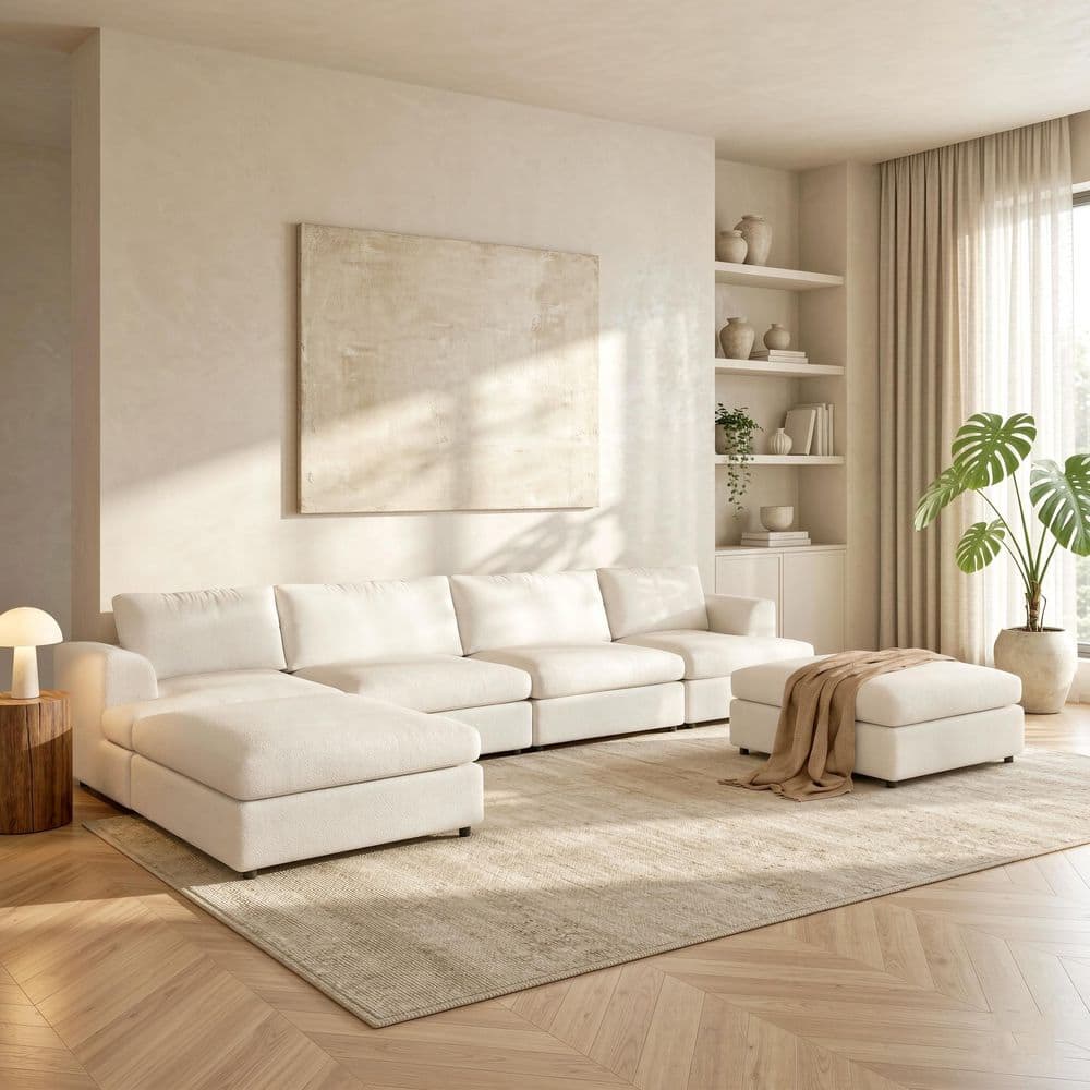157.5 in. Flared Arm Boucle Fabric Modular Sectional Sofa Deep Seat Cloud Couch with Washable Covers, Ottomans in Beige