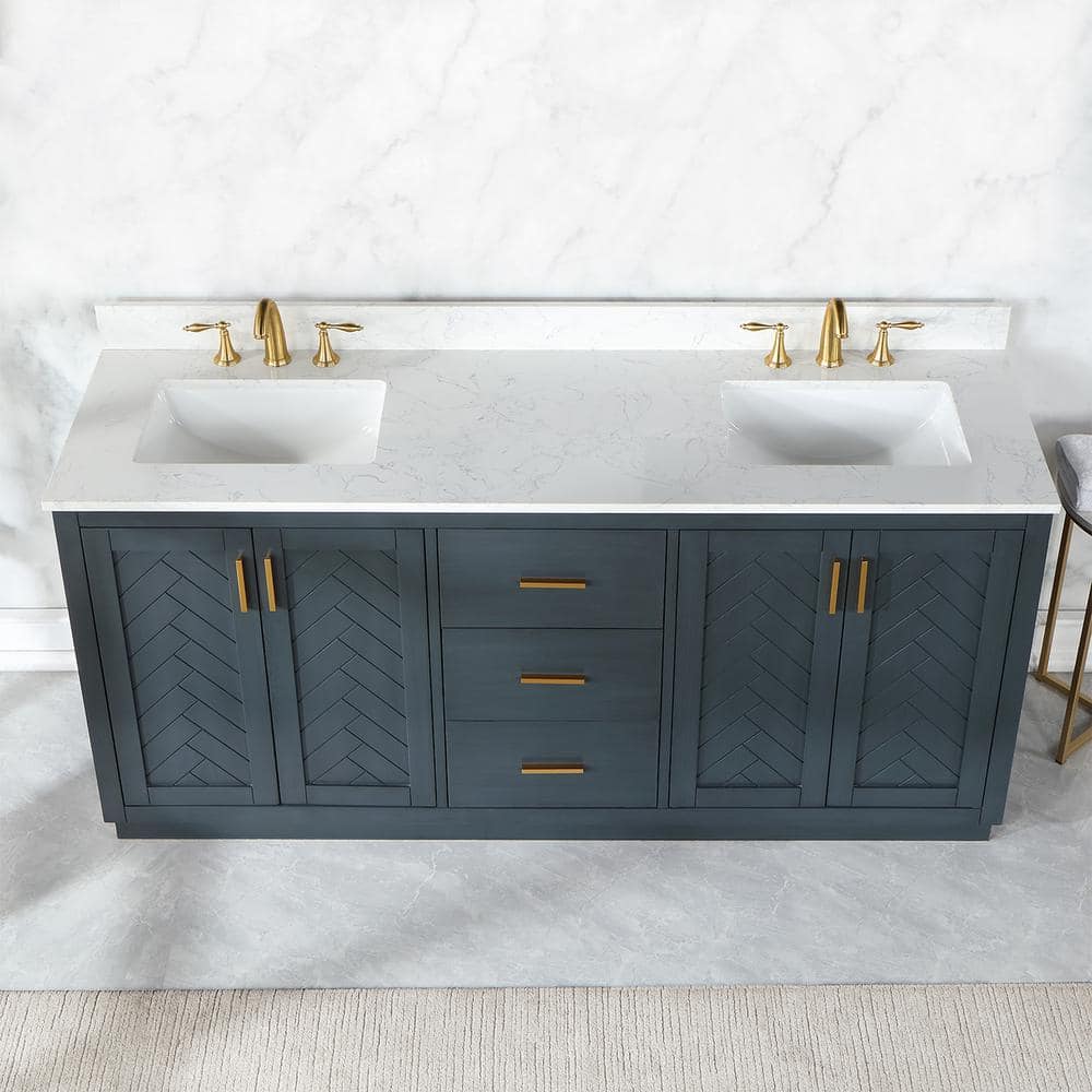 Gazsi 72" Charcoal Blue Double Vanity with White Stone Countertop