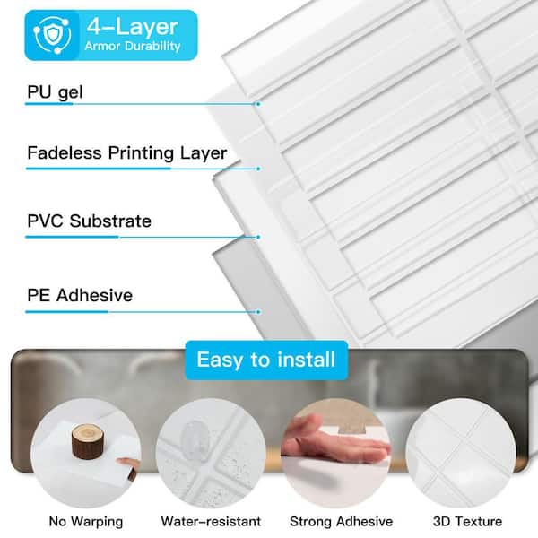 White 11.4 in. x 9 in. PVC Peel and Stick Backsplash, Self Adhesive Glossy Vinyl Wall Tiles for Kitchen (10-Pack)