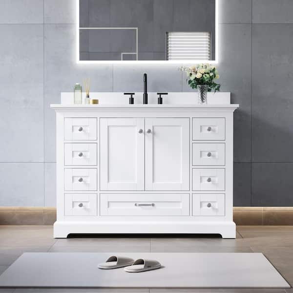 Fully Assembled 48 in. Solid Wood Freestanding Single Sink White Bath Vanity with Pure White Cultured Marble Top