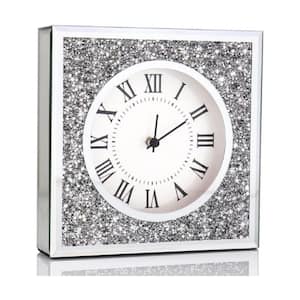 Desk Clock Wall Clock 8 x 8 x 2 in. Crushed Diamond Mirrored Clock Tabletop Decorative Clock for Home Decoration, Silver