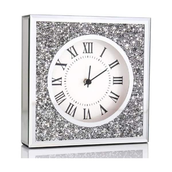 Aoibox Desk Clock Wall Clock 8 x 8 x 2 in. Crushed Diamond Mirrored Clock Tabletop Decorative Clock for Home Decoration, Silver