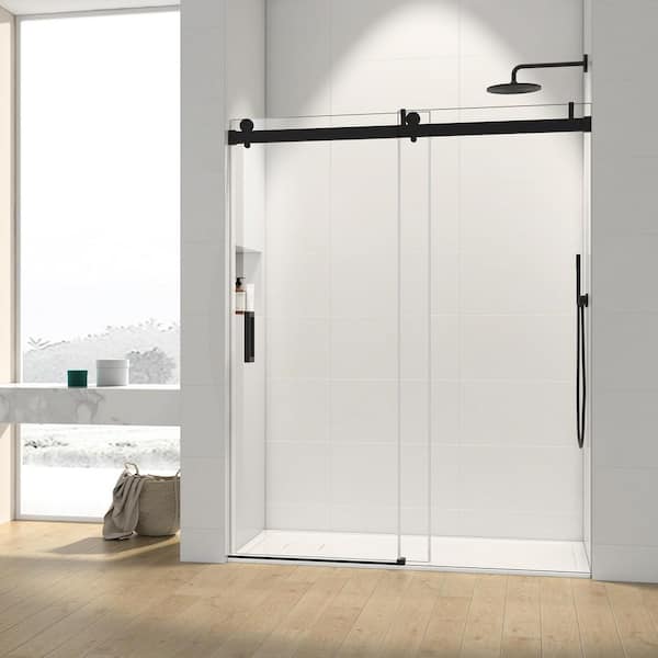60 in. W x 76 in. H Single Sliding Frameless Shower Door with 3/8 in. Thick Tempered Clear Glass in Matte Black
