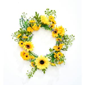 13 in. Artificial Sunflowers and Green Leaves Wreath