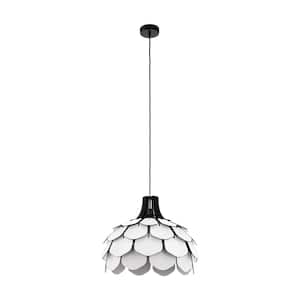Morales 1-Light Black Bowl Statement Pendant with White Wood Shade and Black Accents
