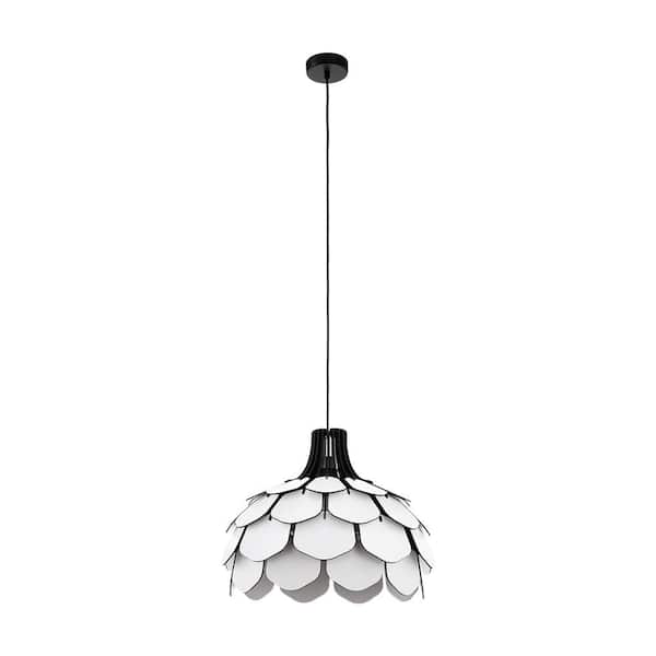 Eglo Morales 1-Light Black Bowl Statement Pendant with White Wood Shade and Black Accents