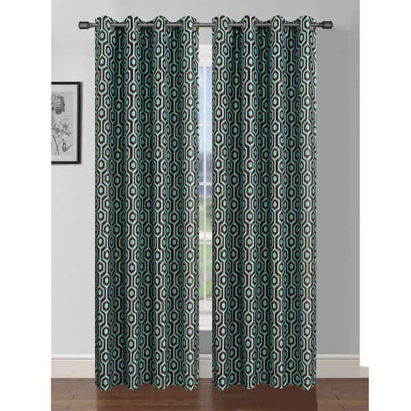 Window Elements Semi-Opaque Camille Printed Faux Silk 84 in. L Grommet Curtain Panel Pair, Turquoise/Chocolate (Set of 2)