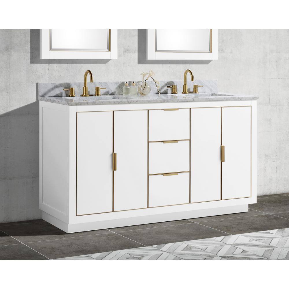 Contemporary 60" White Double Vanity with Marble Top and Gold Accents