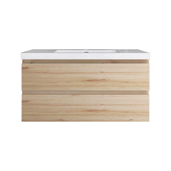 42 in. W x 19.5 in. D x 22.5 in. H Single Sink Wall-Mounted Bath Vanity in Oak with White Resin Top
