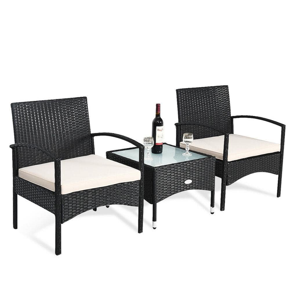 Reviews For Costway Black 3 Piece Rattan Wicker Patio Conversation Set Table And 2 Chair With Beige Cushions Hm0023 The Home Depot