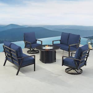 Black 7-Piece Aluminum Patio Fire Pit with 2-Deep Seating Loveseat and 2-Club Chairs Blue Cushions