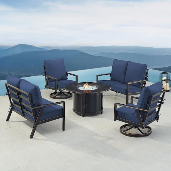 Oakland Living Black 7-Piece Aluminum Patio Fire Pit with 2-Deep Seating Loveseat and 2-Club Chairs Blue Cushions