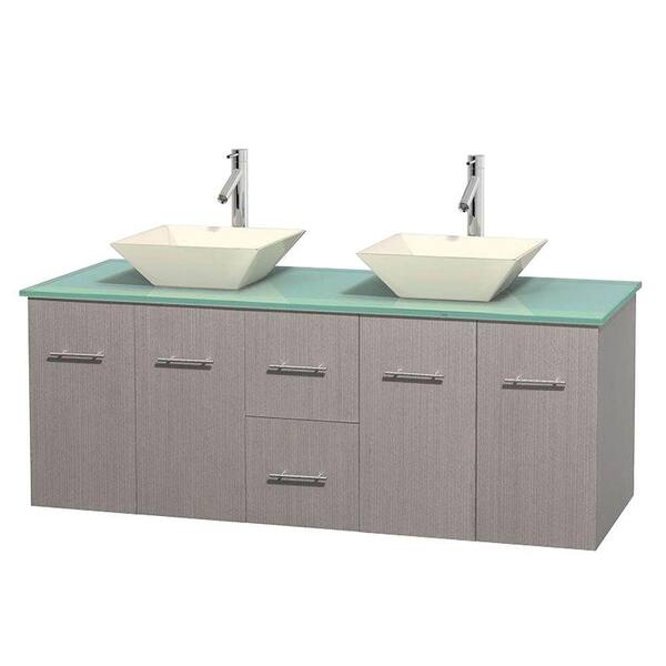 Wyndham Collection Centra 60 in. Double Vanity in Gray Oak with Glass Vanity Top in Green and Bone Porcelain Sinks