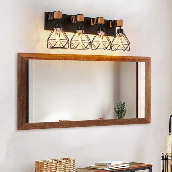 24 in. 4-Light Black Metal Vanity Light Fixture with Cage Shade, Wooden Accents (Bulb Not Included)