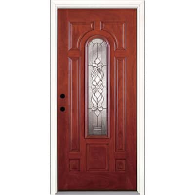37.5 in. x 81.625 in. Lakewood Zinc Center Arch Lite Stained Cherry Mahogany Right-Hand Fiberglass Prehung Front Door