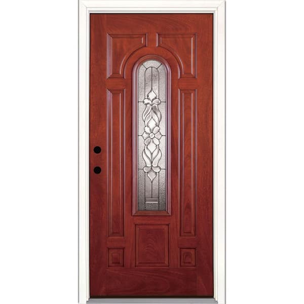 Feather River Doors 37.5 in. x 81.625 in. Lakewood Zinc Center Arch Lite Stained Cherry Mahogany Right-Hand Fiberglass Prehung Front Door