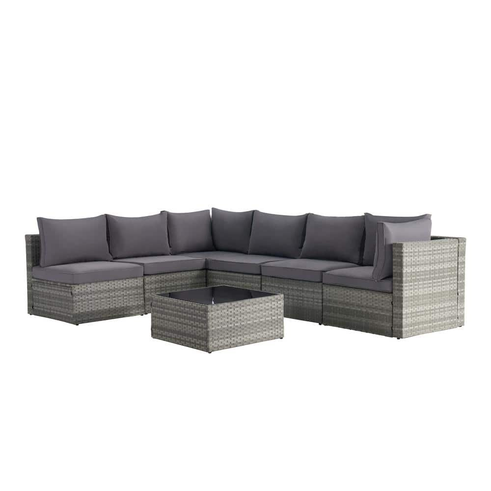 Tenleaf 7-Piece Gray Wicker Patio Conversation Set with Gray Cushions ...