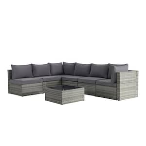 7-Piece Gray Wicker Patio Conversation Set with Gray Cushions