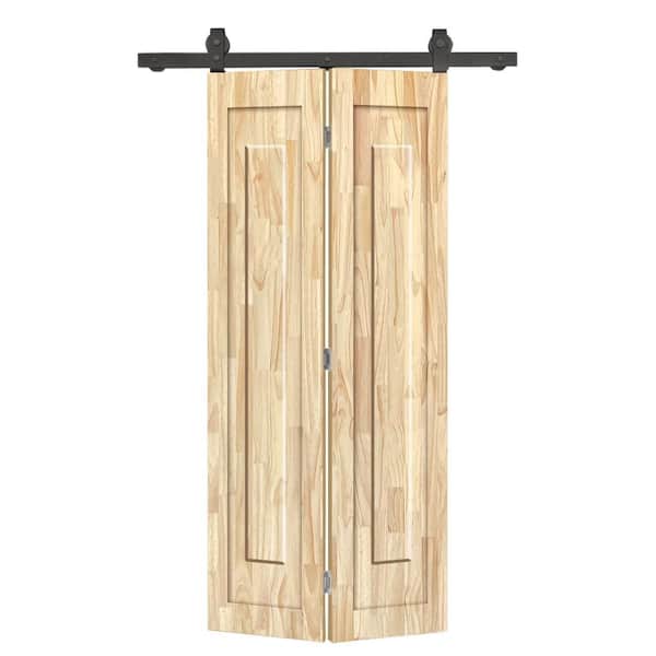 32 in. x 80 in. 1 Panel Shaker Hollow Core Unfinished Pine Wood Bi-fold Door with Sliding Barn Door Hardware Kit