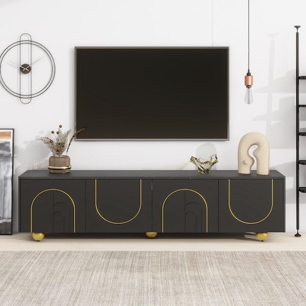 Polibi Modern Black TV Stand Fits TV's Up to 75 in. with Storage Cabinets and 1 Adjustable Shelf
