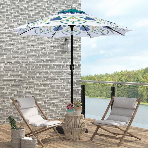 9 ft. Steel Market Crank and Tilt Pattern Patio Umbrella in Green and White