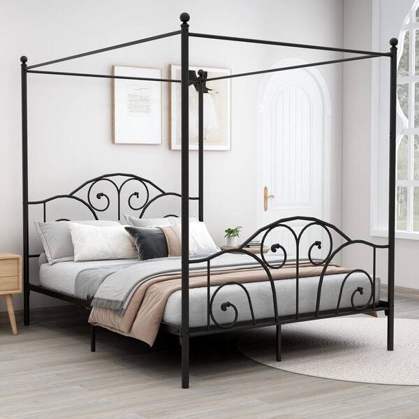 Black Queen Metal Canopy Bed Frame, How To Put A Queen Size Metal Frame Together