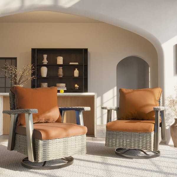 JOYSIDE Wicker Patio Outdoor Rocking Chair Swivel Lounge Chair with Tan Cushion (2-Pack)