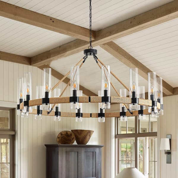 Farmhouse 16-Light Black Wagon Wheel Rustic Chandelier with Clear Glass Shade and Rattan Accents for Dinning Room