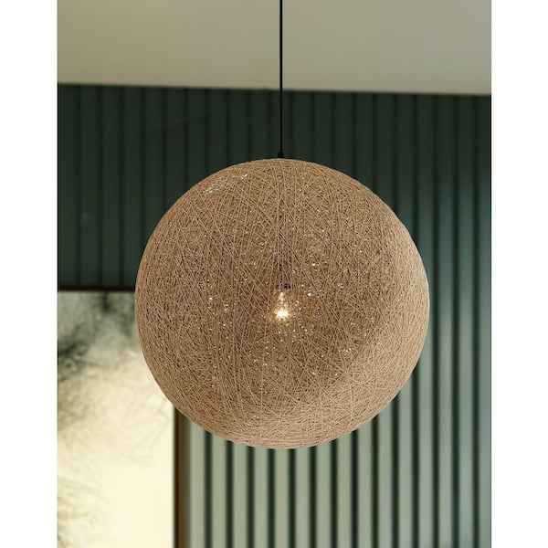 Entwined 60-Watt 1-Light Black 24 in. Globe Pendant Light with Natural Rattan Shade and No Bulbs Included