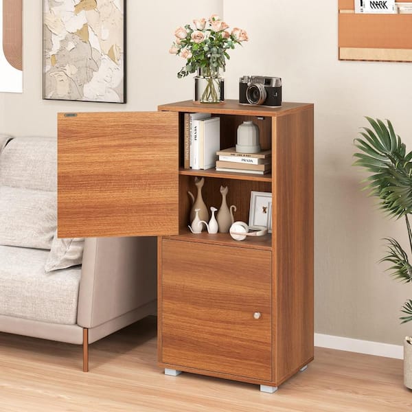 2-Door Walnut Storage Cabinet w/ Adjustable Shelves Kitchen Buffet Cabinet w/ 2 Doors