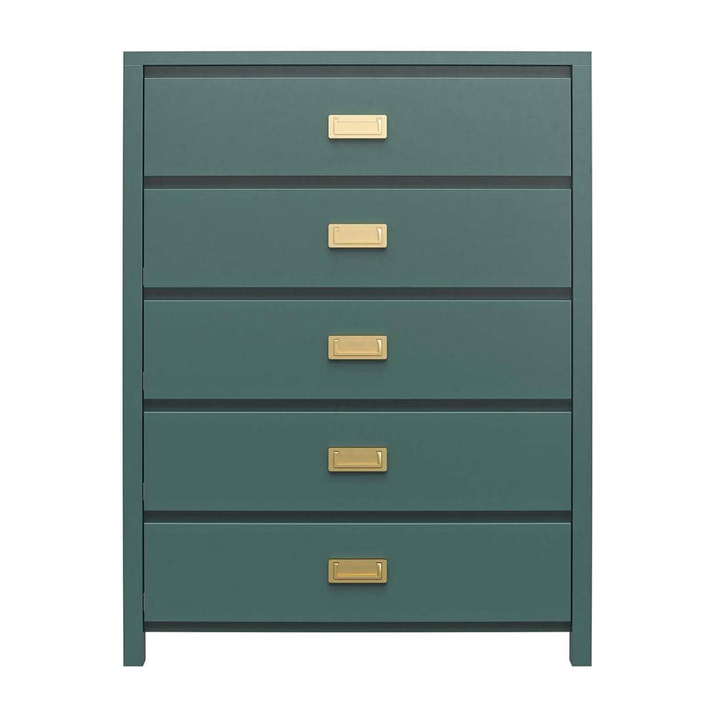 Hunter Green Vertical 5-Drawer Kids' Dresser with Gold Pulls