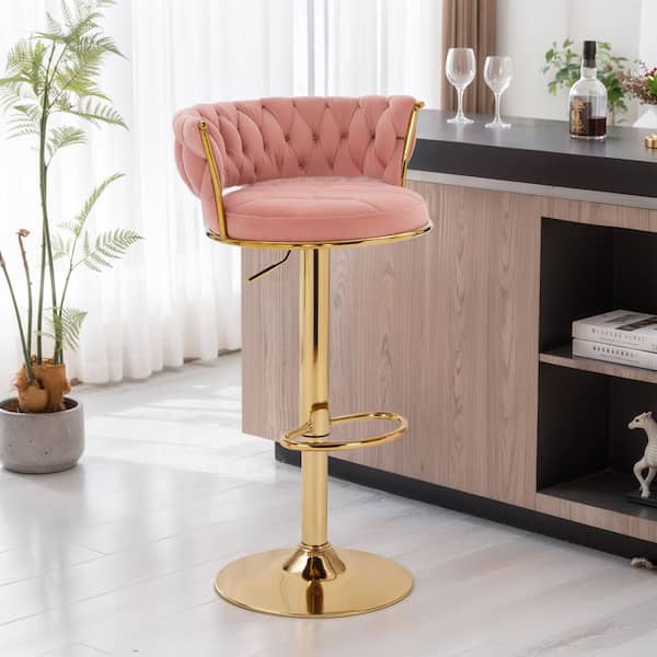 Bar Stools Set of 4, 25.59 in. Adjustable Metal Barstools Counter Height Stools, Velvet Kitchen Island Stools, Pink