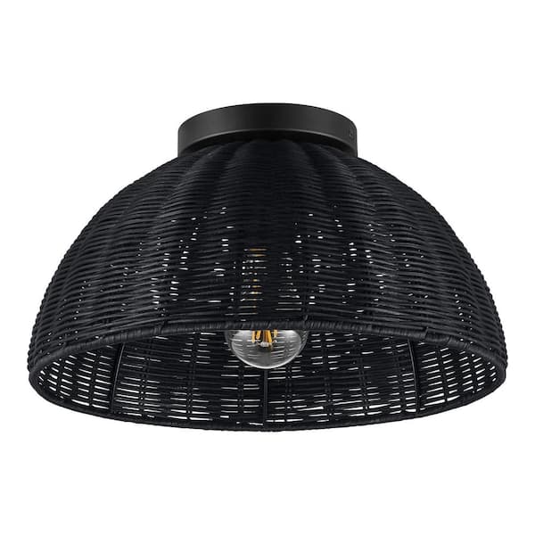 Hampton Bay Highler 13 in. Matte Black Flush Mount with Black Rattan Shade