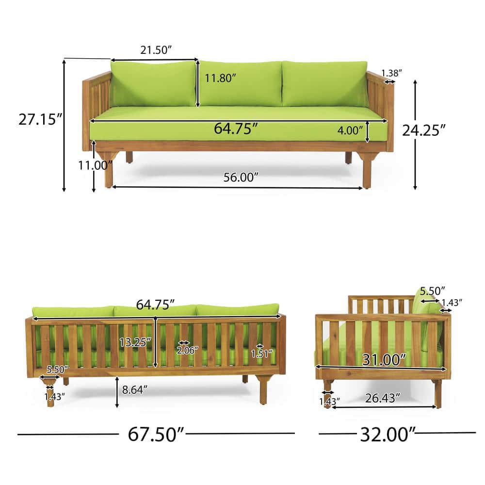 Teak Wood Outdoor Daybed with Green Cushions