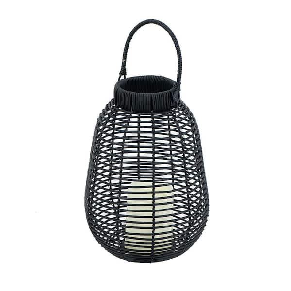 Black 7.9 in. x 10.6  in. Outdoor Rattan Small Classic Lantern with White LED Candle and Timer Function