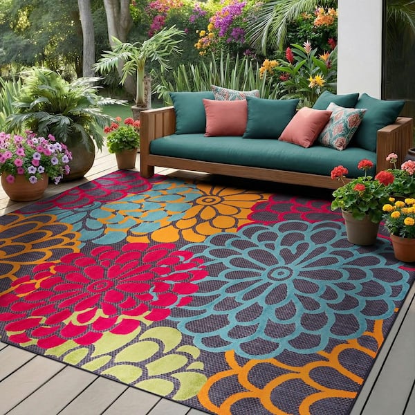 Oasis Floral Navy 9 ft. x 12 ft. Indoor/Outdoor Area Rug